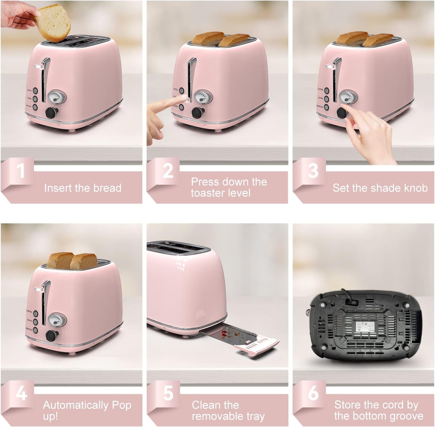 Toaster 2 Slice,Retro Stainless Steel Toaster with 6 Settings, 1.5 in Extra Wide Slots, Bagel/Defrost/Cancel Function, Removable Crumb Tray (Baby Pink)